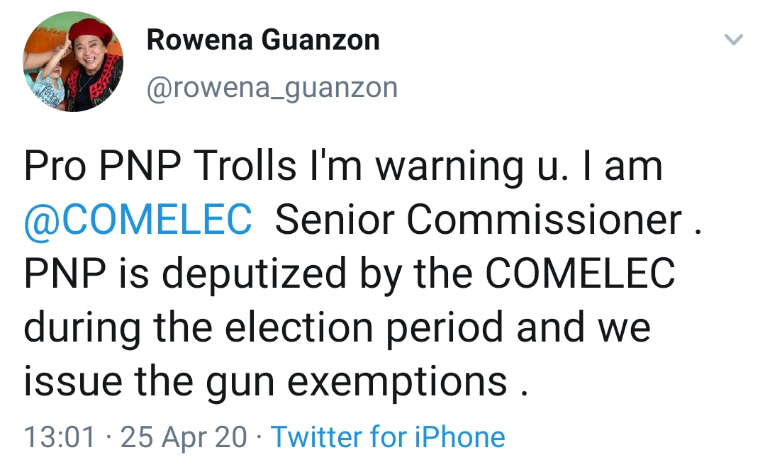 Pro PNP Trolls I'm warning u. I am @COMELEC Senior Commissioner . PNP is deputized by the COMELEC during the election period and we issue the gun exemptions
