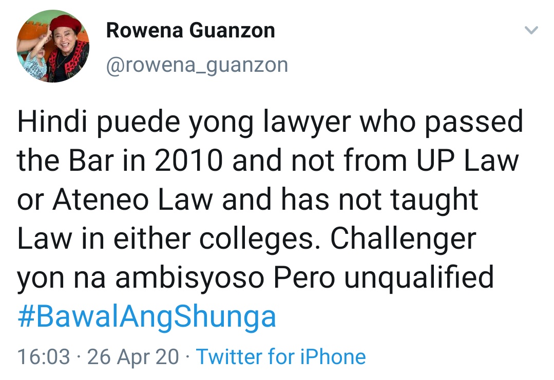 Hindi puede yong lawyer who passed the Bar in 2010 and not from UP Law or Ateneo Law and has not taught Law in either colleges. Challenger yon na ambisyoso Pero unqualified #BawalAngShunga