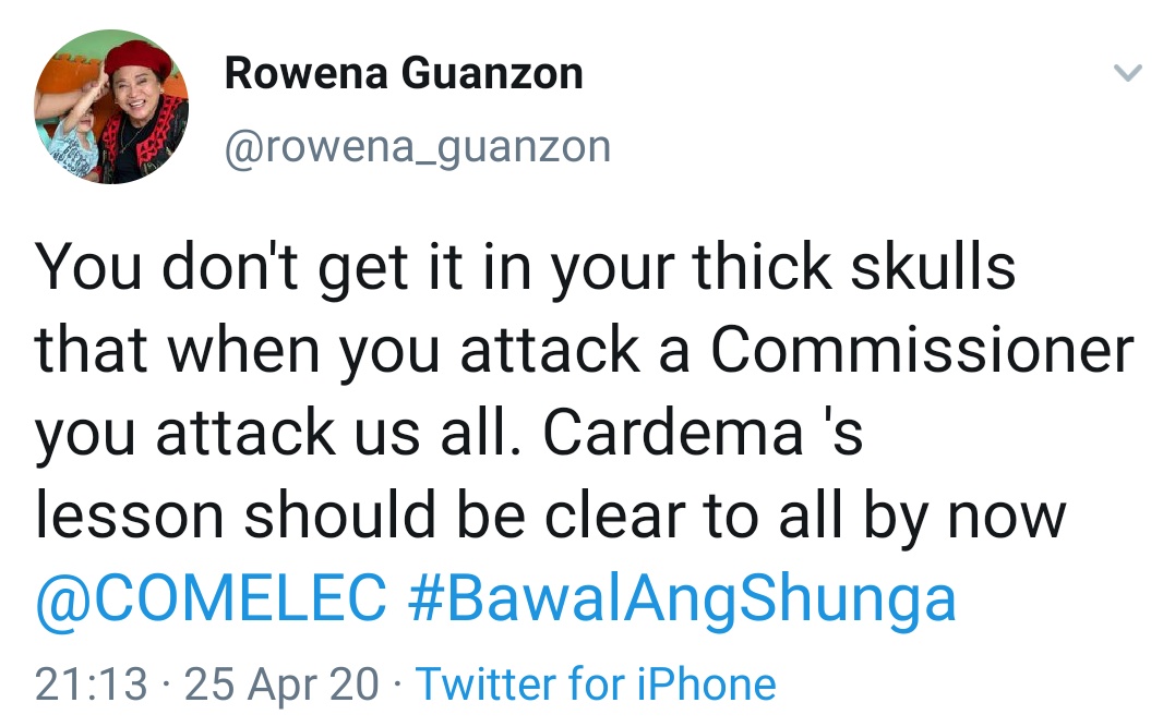 You don't get it in your thick skulls that when you attack a Commissioner you attack us all. Cardema 's lesson should be clear to all by now.