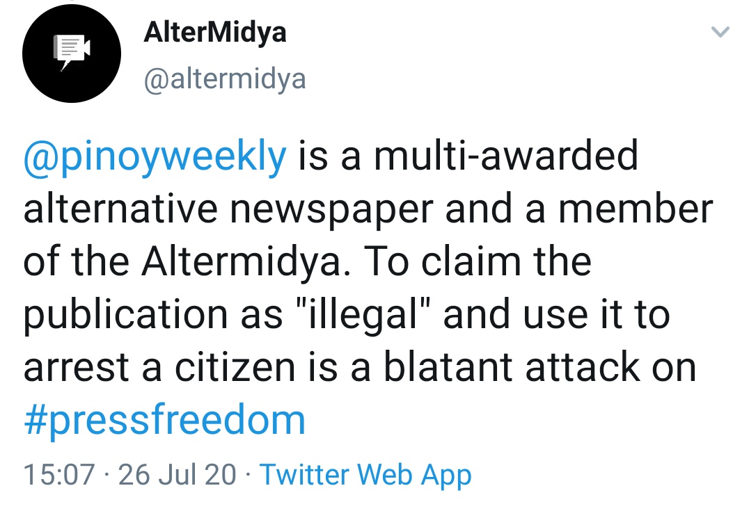 @pinoyweekly is a multi-awarded alternative newspaper and a member of the Altermidya. To claim the publication as "illegal" and use it to arrest a citizen is a blatant attack on #pressfreedom