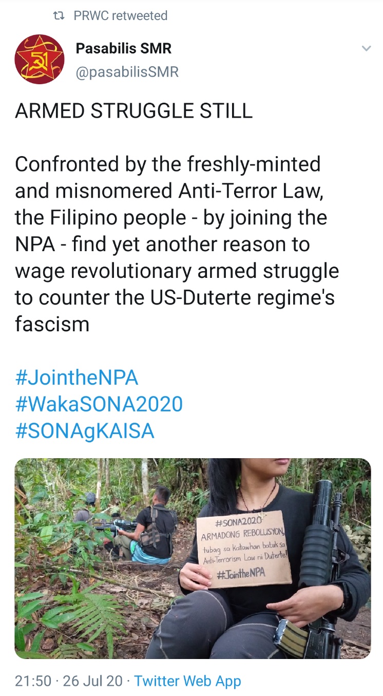 ARMED STRUGGLE STILL Confronted by the freshly-minted and misnomered Anti-Terror Law, the Filipino people - by joining the NPA - find yet another reason to wage revolutionary armed struggle to counter the US-Duterte regime's fascism #JointheNPA #WakaSONA2020 #SONAgKAISA