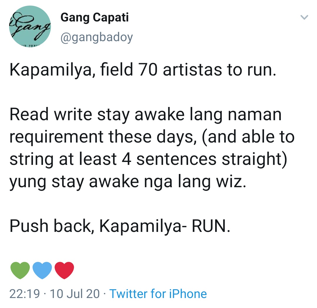 Kapamilya, field 70 artistas to run. Read write stay awake lang naman requirement these days, (and able to string at least 4 sentences straight) yung stay awake nga lang wiz. Push back, Kapamilya- RUN.