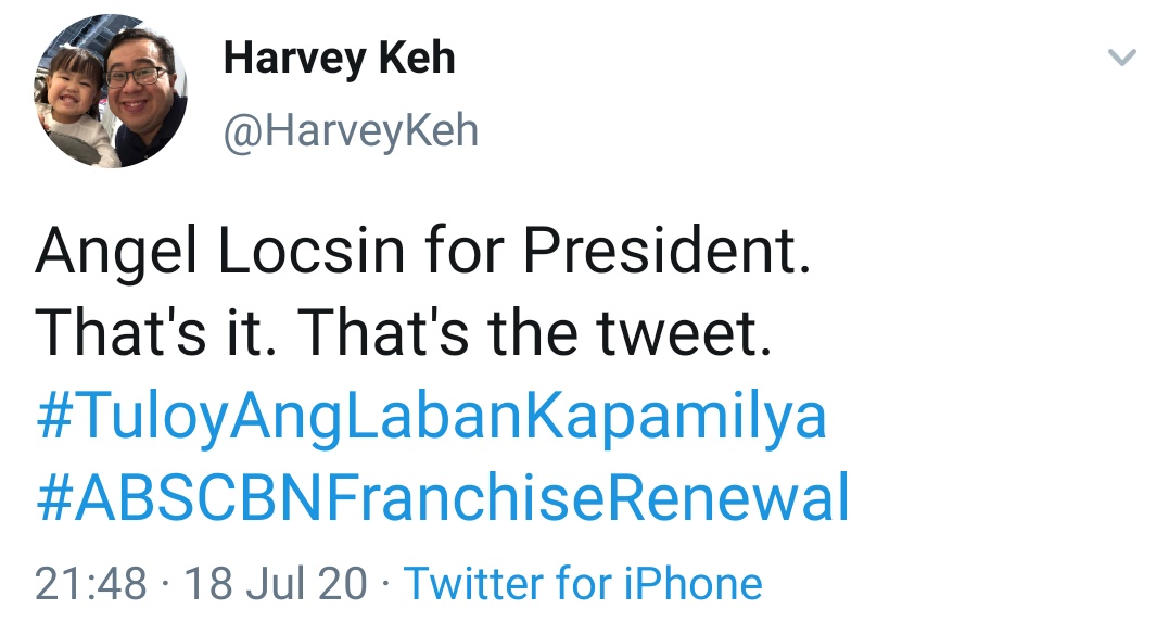 Angel Locsin for President. That's it. That's the tweet. #TuloyAngLabanKapamilya #ABSCBNFranchiseRenewal