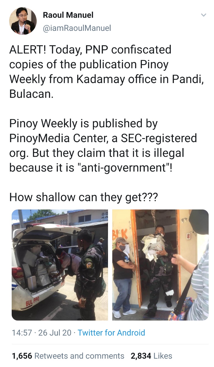 ALERT! Today, PNP confiscated copies of the publication Pinoy Weekly from Kadamay office in Pandi, Bulacan. Pinoy Weekly is published by PinoyMedia Center, a SEC-registered org. But they claim that it is illegal because it is 'anti-government'!  How shallow can they get???