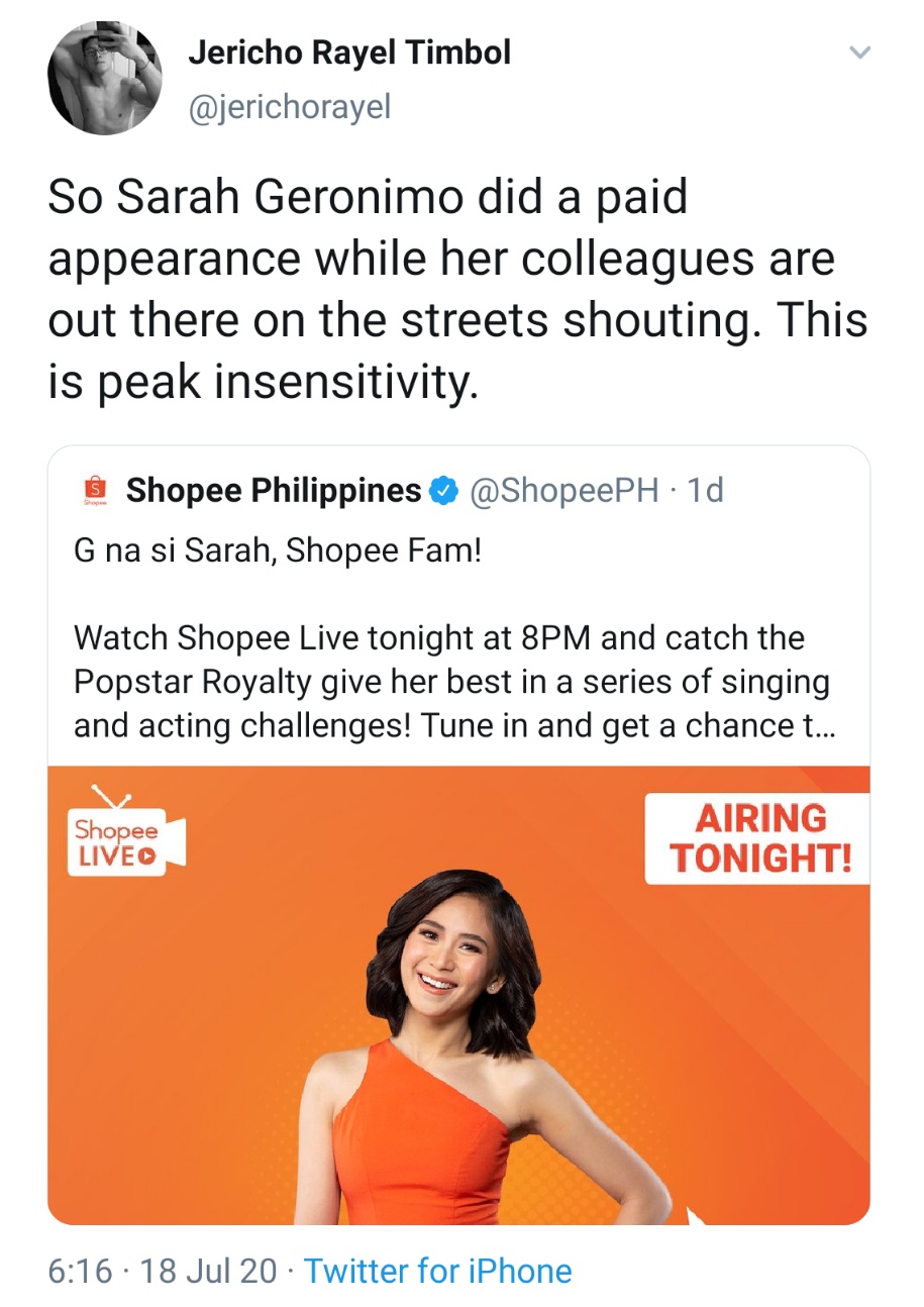 So Sarah Geronimo did a paid appearance while her colleagues are out there on the streets shouting. This is peak insensitivity.