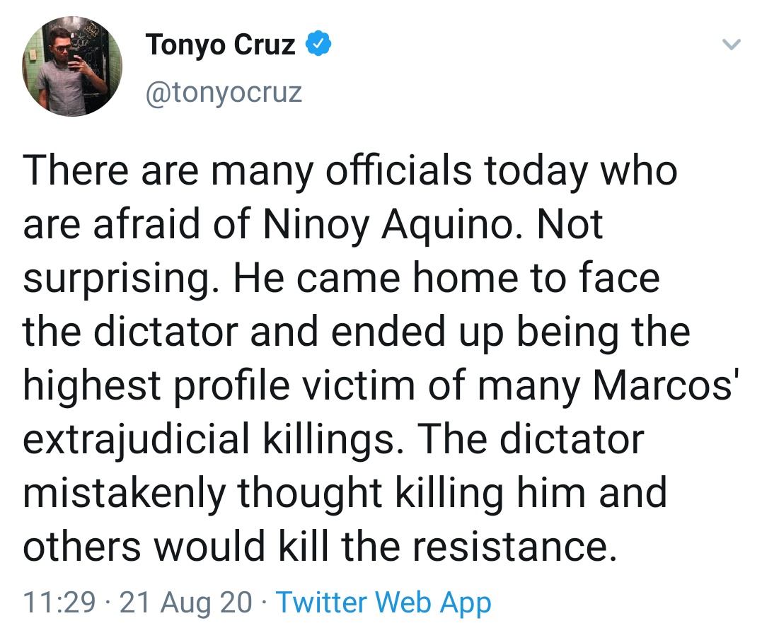 There are many officials today who are afraid of Ninoy Aquino. Not surprising. He came home to face the dictator and ended up being the highest profile victim of many Marcos' extrajudicial killings. The dictator mistakenly thought killing him and others would kill the resistance.