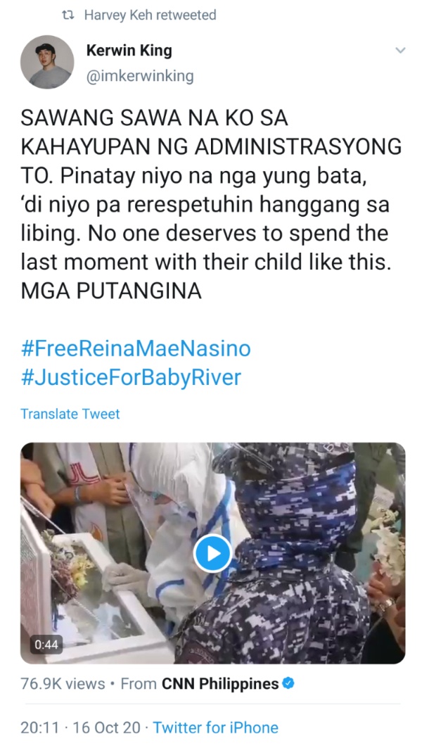 SAWANG SAWA NA KO SA KAHAYUPAN NG ADMINISTRASYONG TO. Pinatay niyo na nga yung bata, ‘di niyo pa rerespetuhin hanggang sa libing. No one deserves to spend the last moment with their child like this. MGA PUTANGINA