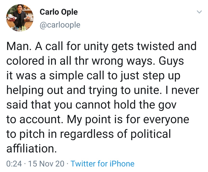 Man. A call for unity gets twisted and colored in all thr wrong ways. Guys it was a simple call to just step up helping out and trying to unite. I never said that you cannot hold the gov to account. My point is for everyone to pitch in regardless of political affiliation.