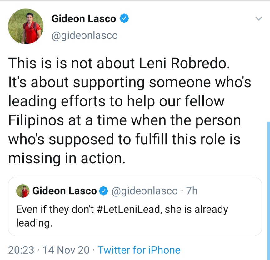 This is is not about Leni Robredo. It's about supporting someone who's leading efforts to help our fellow Filipinos at a time when the person who's supposed to fulfill this role is missing in action.