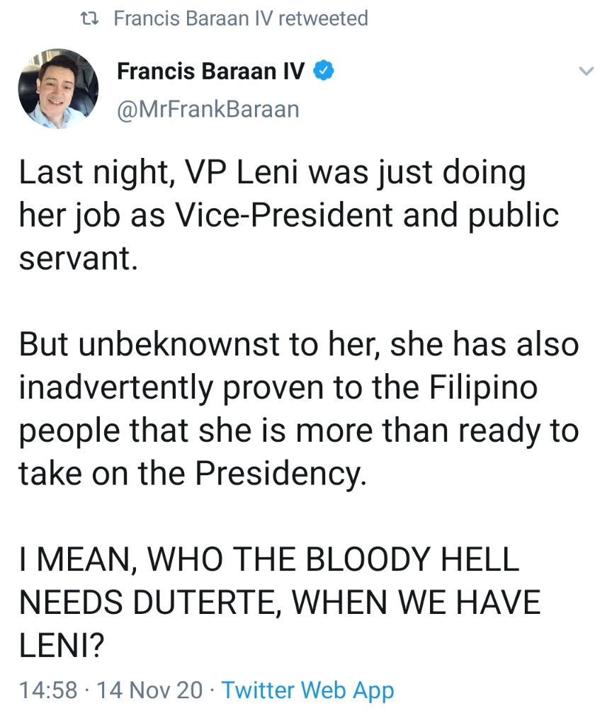 Last night, VP Leni was just doing her job as Vice-President and public servant. But unbeknownst to her, she has also inadvertently proven to the Filipino people that she is more than ready to take on the Presidency. I MEAN, WHO THE BLOODY HELL NEEDS DUTERTE, WHEN WE HAVE LENI?