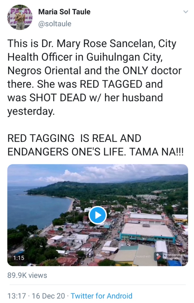 This is Dr. Mary Rose Sancelan, City Health Officer in Guihulngan City, Negros Oriental and the ONLY doctor there. She was RED TAGGED and was SHOT DEAD w/ her husband yesterday. RED TAGGING  IS REAL AND ENDANGERS ONE'S LIFE. TAMA NA!!!