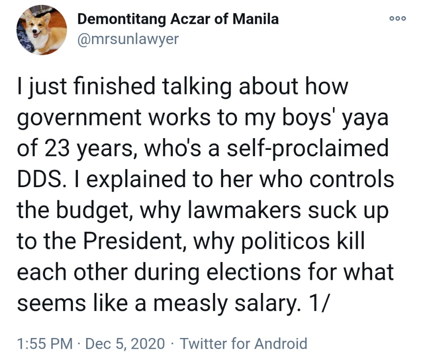 I just finished talking about how government works to my boys' yaya of 23 years, who's a self-proclaimed DDS. I explained to her who controls the budget, why lawmakers suck up to the President, why politicos kill each other during elections for what seems like a measly salary.