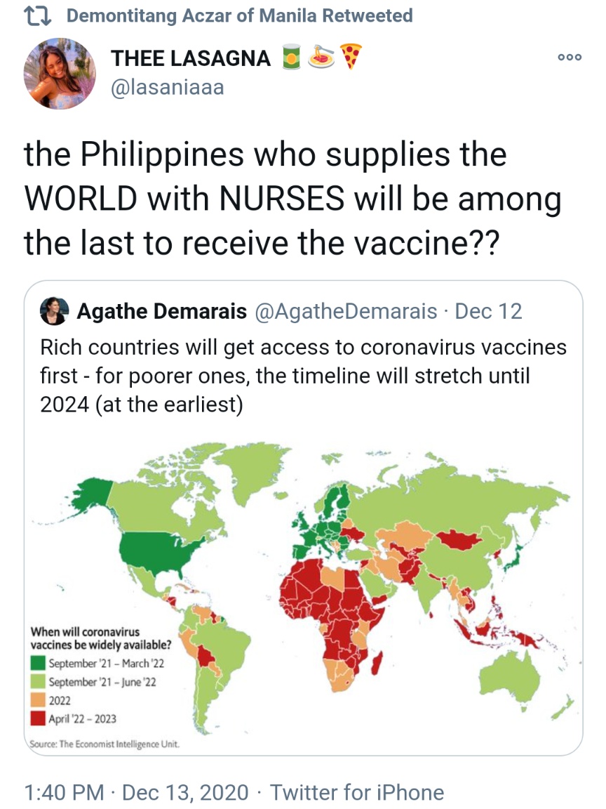 the Philippines who supplies the WORLD with NURSES will be among the last to receive the vaccine??
