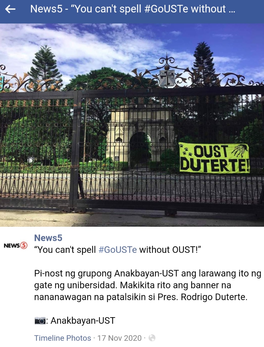 'You can't spell #GOUSTe without OUST!' Pi-nost ng grupong Anakbayan-UST ang larawang ito ng gate ng unibersidad. Makikita rito ang banner na nananawagan na patalsikin si Pres. Rodrigo Duterte.