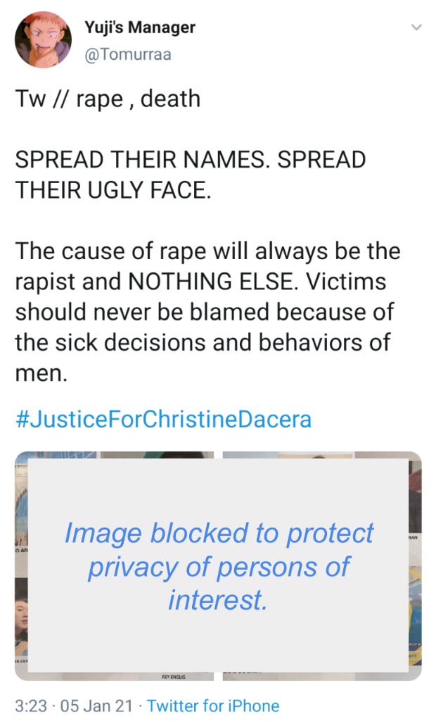 SPREAD THEIR NAMES. SPREAD THEIR UGLY FACE. The cause of rape will always be the rapist and NOTHING ELSE. Victims should never be blamed because of the sick decisions and behaviors of men. #JusticeForChristineDacera