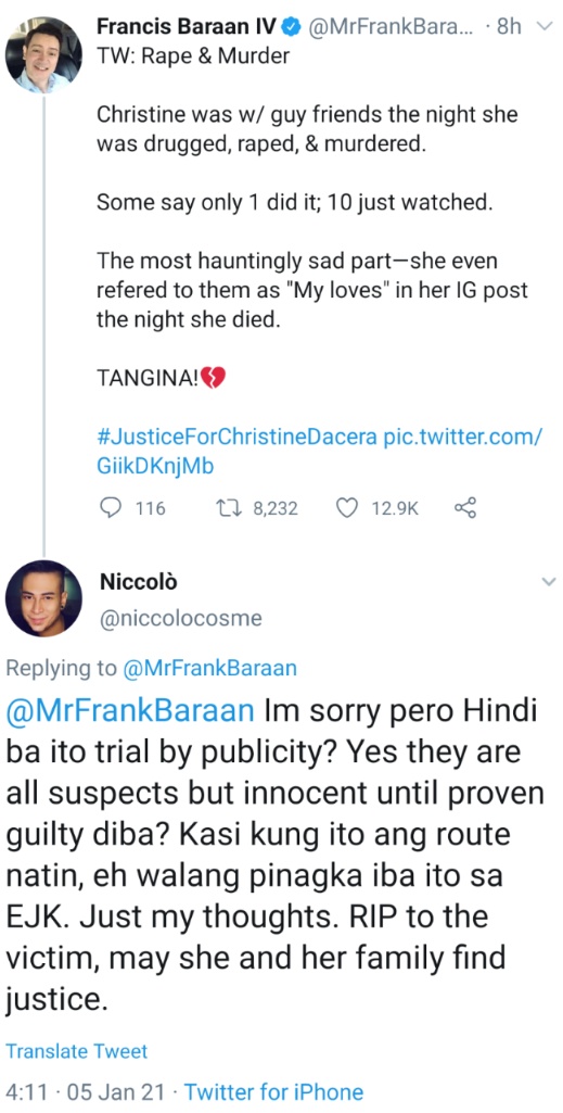 @MrFrankBaraan Im sorry pero Hindi ba ito trial by publicity? Yes they are all suspects but innocent until proven guilty diba? Kasi kung ito ang route natin, eh walang pinagka iba ito sa EJK. Just my thoughts. RIP to the victim, may she and her family find justice.