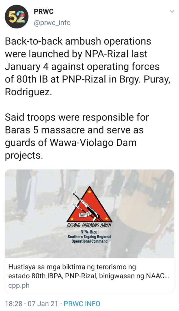 Back-to-back ambush operations were launched by NPA-Rizal last January 4 against operating forces of 80th IB at PNP-Rizal in Brgy. Puray, Rodriguez. Said troops were responsible for Baras 5 massacre and serve as guards of Wawa-Violago Dam projects.