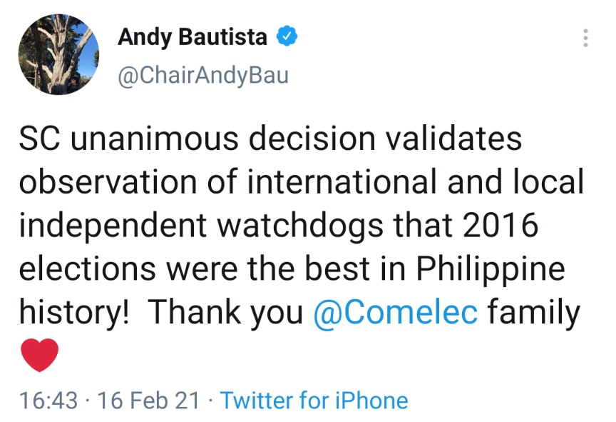 SC unanimous decision validates observation of international and local independent watchdogs that 2016 elections were the best in Philippine history!  Thank you @Comelec family