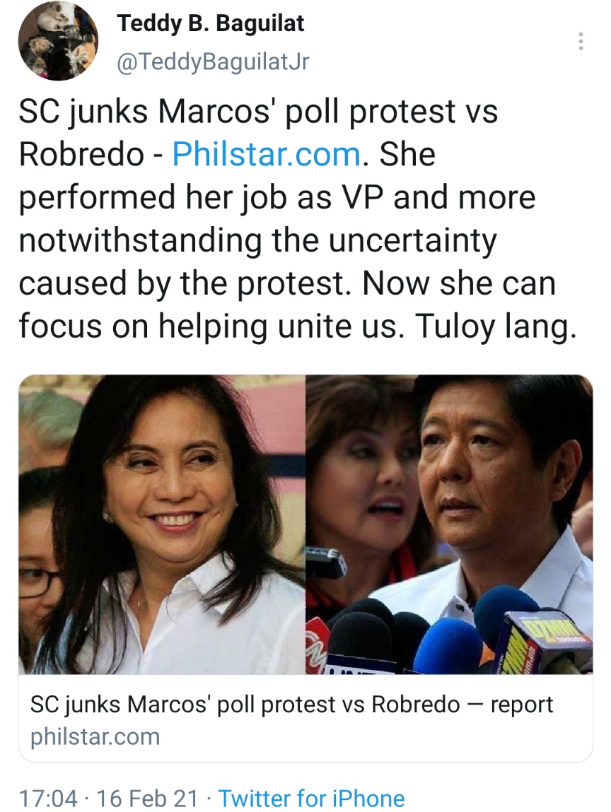 SC junks Marcos' poll protest vs Robredo - She performed her job as VP and more notwithstanding the uncertainty caused by the protest. Now she can focus on helping unite us. Tuloy lang.