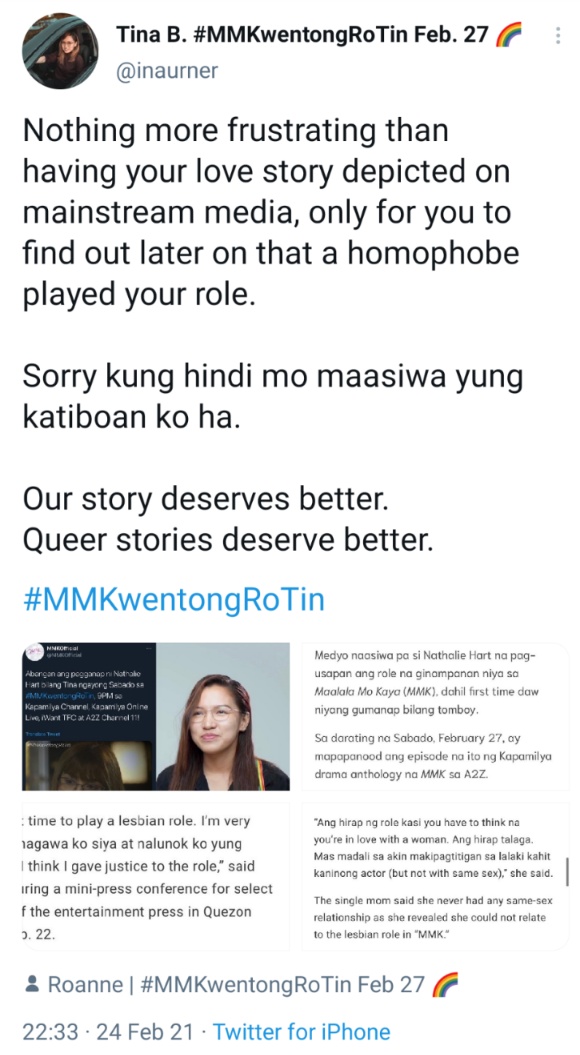 Nothing more frustrating than having your love story depicted on mainstream media, only for you to find out later on that a homophobe played your role. Sorry kung hindi mo maasiwa yung katiboan ko ha. Our story deserves better. Queer stories deserve better.