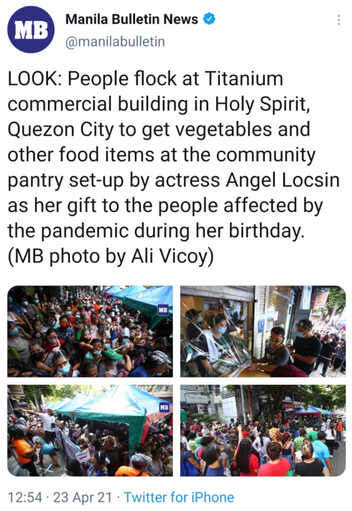 LOOK: People flock at Titanium commercial building in Holy Spirit, Quezon City to get vegetables and other food items at the community pantry set-up by actress Angel Locsin as her gift to the people affected by the pandemic during her birthday. (MB photo by Ali Vicoy)