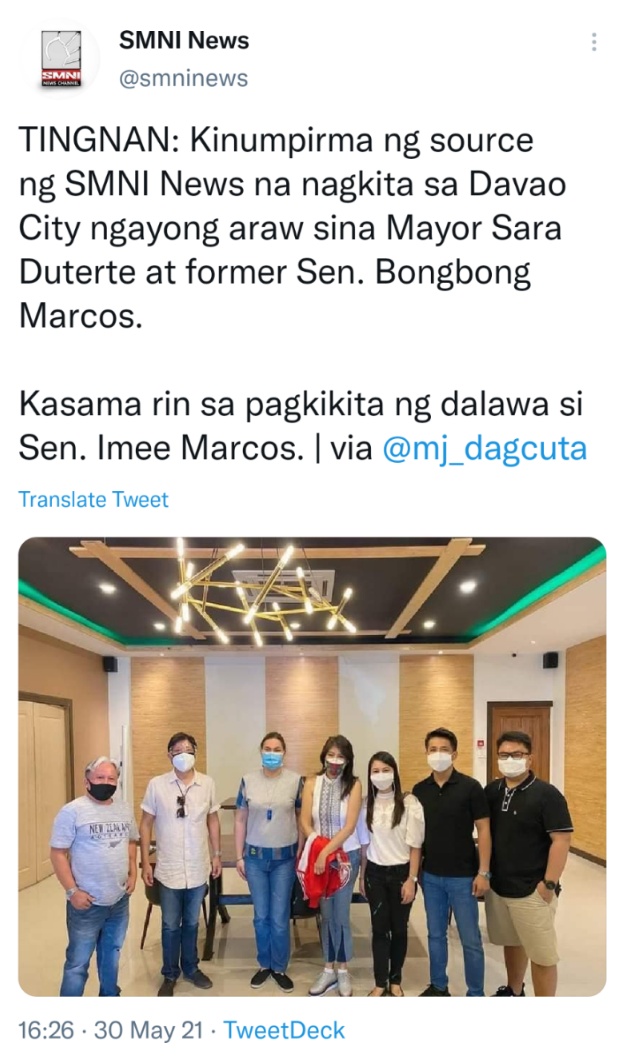 TINGNAN: Kinumpirma ng source ng SMNI News na nagkita sa Davao City ngayong araw sina Mayor Sara Duterte at former Sen. Bongbong Marcos. Kasama rin sa pagkikita ng dalawa si Sen. Imee Marcos. via @mj_dagcuta