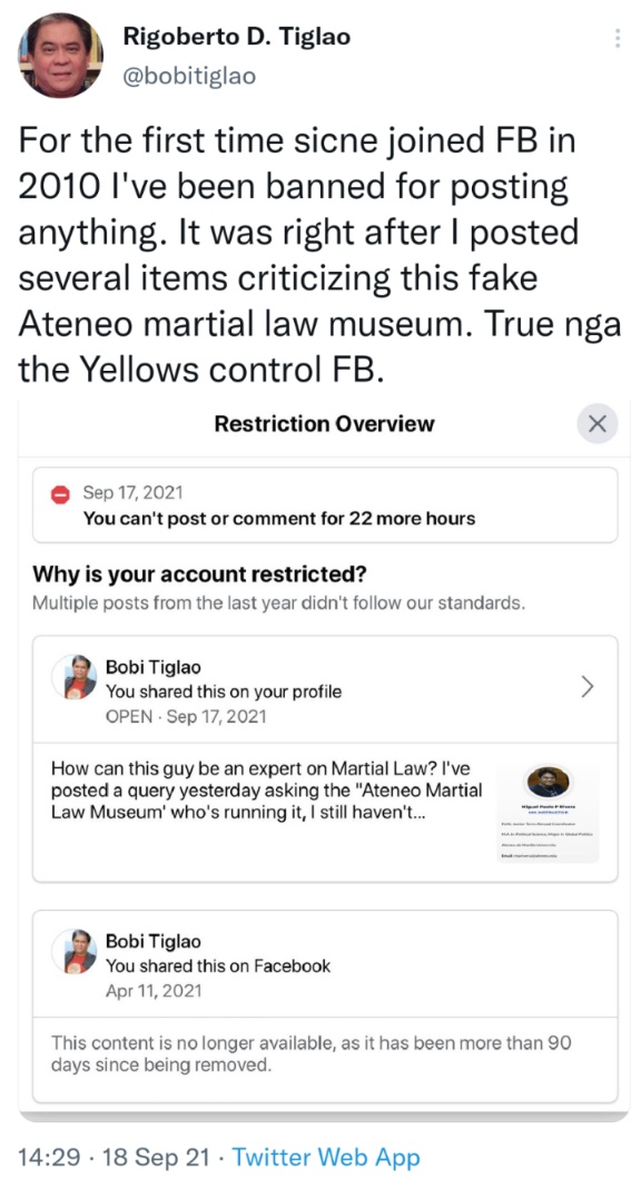 For the first time sicne joined FB in 2010 I've been banned for posting anything. It was right after I posted several items criticizing this fake Ateneo martial law museum. True nga the Yellows control FB.