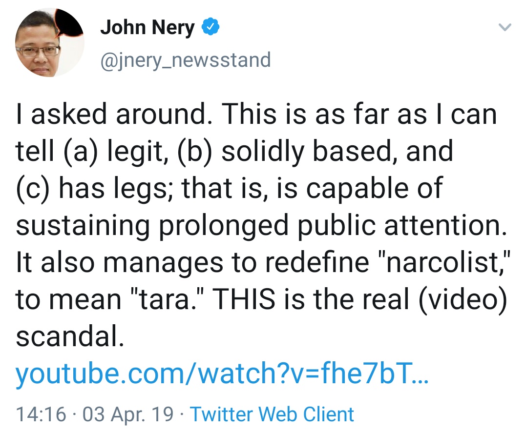 I asked around. This is as far as I can tell (a) legit, (b) solidly based, and (c) has legs; that is, is capable of sustaining prolonged public attention. It also manages to redefine 'narcolist,' to mean 'tara.' THIS is the real (video) scandal.