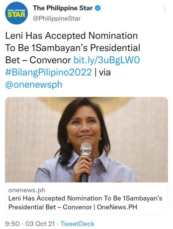 Leni Has Accepted Nomination To Be 1Sambayan’s Presidential Bet – Convenor #BilangPilipino2022 | via @onenewsph