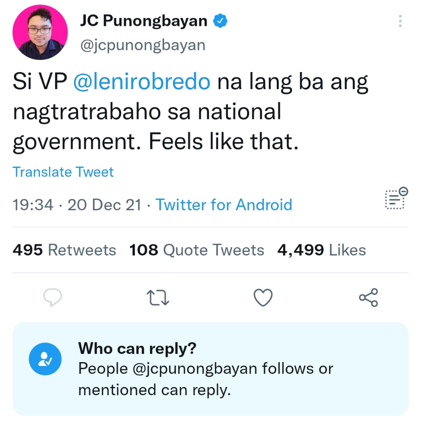 Si VP @lenirobredo na lang ba ang nagtratrabaho sa national government. Feels like that.
