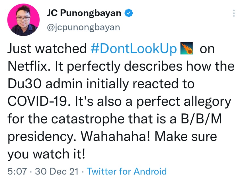 Just watched #DontLookUp on Netflix. It perfectly describes how the Du30 admin initially reacted to COVID-19. It's also a perfect allegory for the catastrophe that is a B/B/M presidency. Wahahaha! Make sure you watch it!