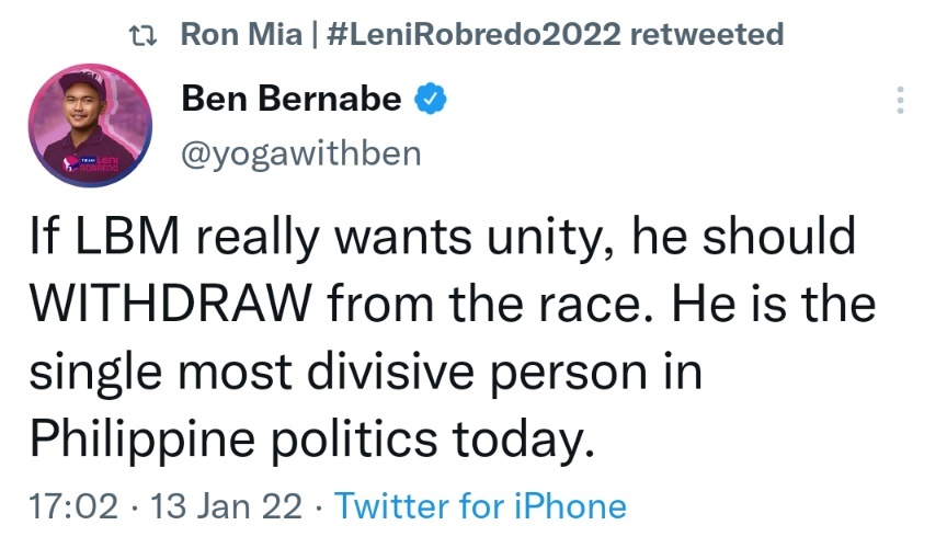 If LBM really wants unity, he should WITHDRAW from the race. He is the single most divisive person in Philippine politics today.