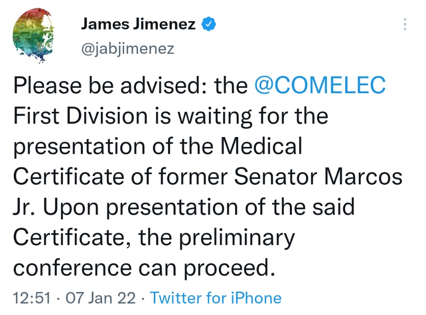 Please be advised: the @COMELEC First Division is waiting for the presentation of the Medical Certificate of former Senator Marcos Jr. Upon presentation of the said Certificate, the preliminary conference can proceed.