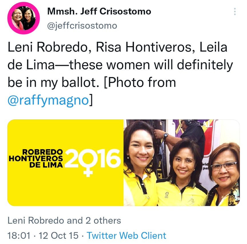 Leni Robredo, Risa Hontiveros, Leila de Lima—these women will definitely be in my ballot. Photo from @raffymagno