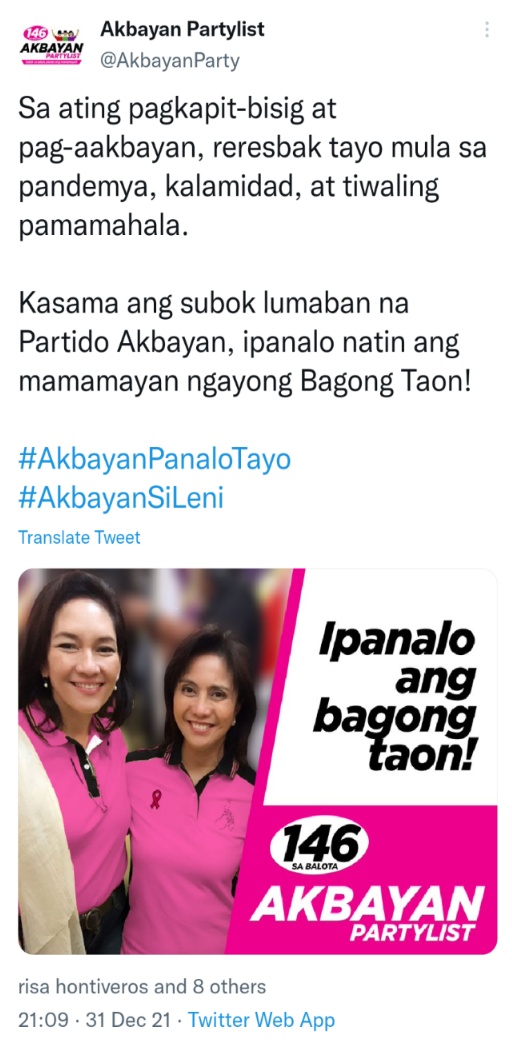 Sa ating pagkapit-bisig at pag-aakbayan, reresbak tayo mula sa pandemya, kalamidad, at tiwaling pamamahala. Kasama ang subok lumaban na Partido Akbayan, ipanalo natin ang mamamayan ngayong Bagong Taon! #AkbayanPanaloTayo #AkbayanSiLeni