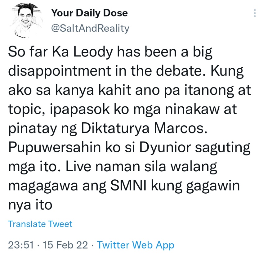 So far Ka Leody has been a big disappointment in the debate. Kung ako sa kanya kahit ano pa itanong at  topic, ipapasok ko mga ninakaw at pinatay ng Diktaturya Marcos. Pupuwersahin ko si Dyunior saguting mga ito. Live naman sila walang magagawa ang SMNI kung gagawin nya ito