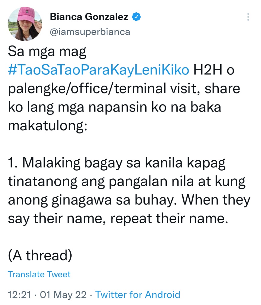 Sa mga mag #TaoSaTaoParaKayLeniKiko H2H o palengke/office/terminal visit, share ko lang mga napansin ko na baka makatulong: 1. Malaking bagay sa kanila kapag tinatanong ang pangalan nila at kung anong ginagawa sa buhay. When they say their name, repeat their name. (A thread)