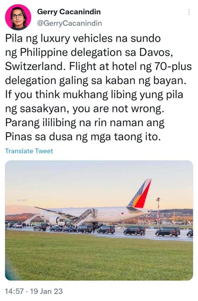 Pila ng luxury vehicles na sundo ng Philippine delegation sa Davos, Switzerland. Flight at hotel ng 70-plus delegation galing sa kaban ng bayan. If you think mukhang libing yung pila ng sasakyan, you are not wrong. Parang ililibing na rin naman ang Pinas sa dusa ng mga taong ito.