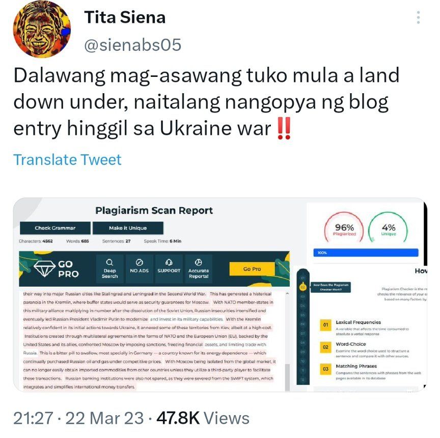 Dalawang mag-asawang tuko mula a land down under, naitalang nangopya ng blog entry hinggil sa Ukraine war