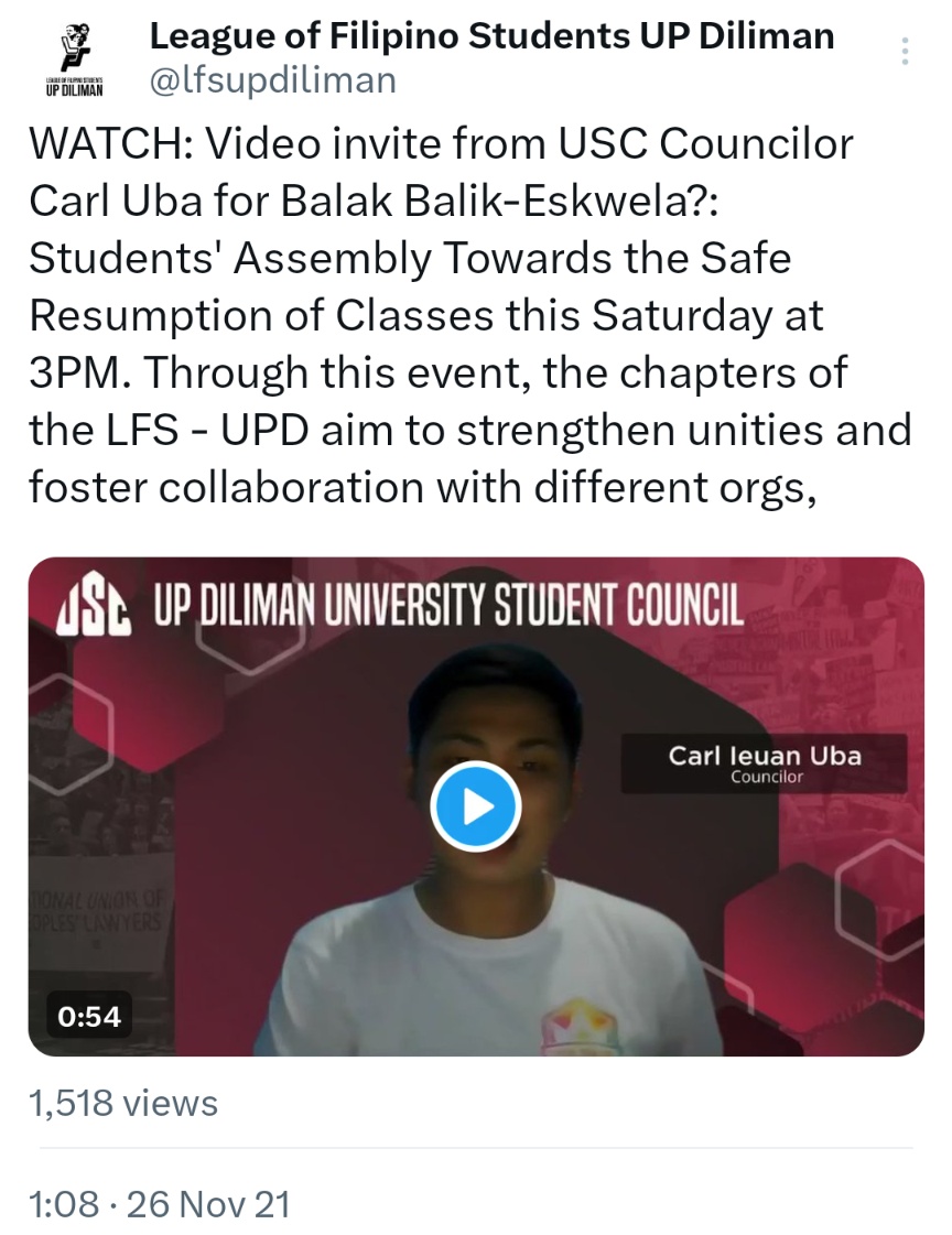 WATCH: Video invite from USC Councilor Carl Uba for Balak Balik-Eskwela?: Students' Assembly Towards the Safe Resumption of Classes this Saturday at 3PM. Through this event, the chapters of the LFS - UPD aim to strengthen unities and foster collaboration with different orgs