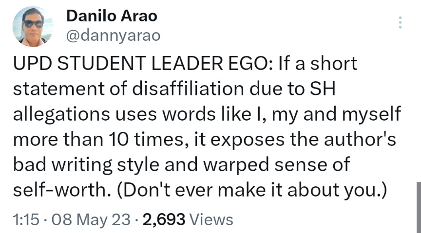 UPD STUDENT LEADER EGO: If a short statement of disaffiliation due to SH allegations uses words like I, my and myself more than 10 times, it exposes the author's bad writing style and warped sense of self-worth. (Don't ever make it about you.)