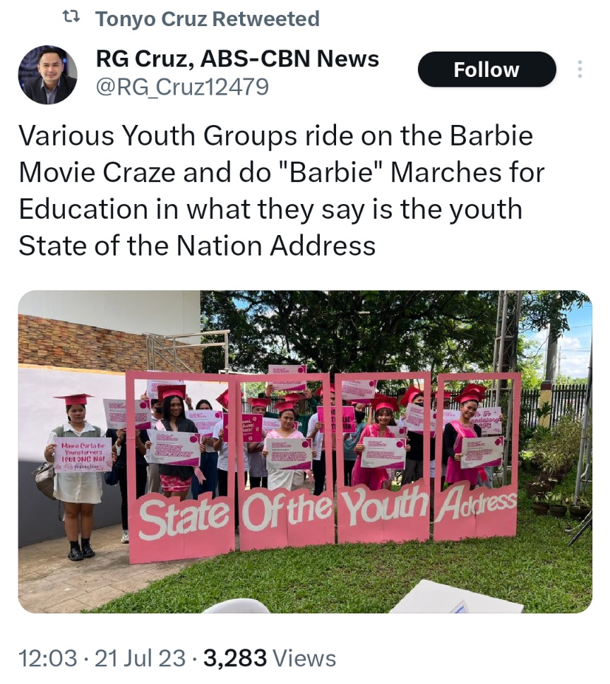 Various Youth Groups ride on the Barbie Movie Craze and do 'Barbie' Marches for Education in what they say is the youth State of the Nation Address