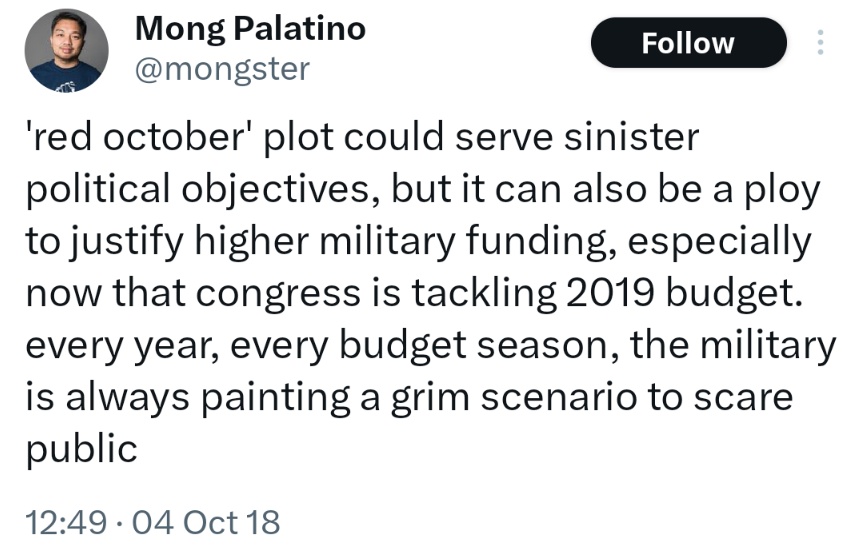 'red october' plot could serve sinister political objectives, but it can also be a ploy to justify higher military funding, especially now that congress is tackling 2019 budget. every year, every budget season, the military is always painting a grim scenario to scare public