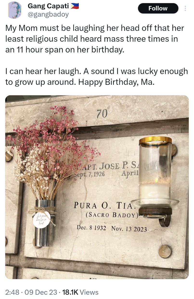 My Mom must be laughing her head off that her least religious child heard mass three times in an 11 hour span on her birthday. I can hear her laugh. A sound I was lucky enough to grow up around. Happy Birthday, Ma.