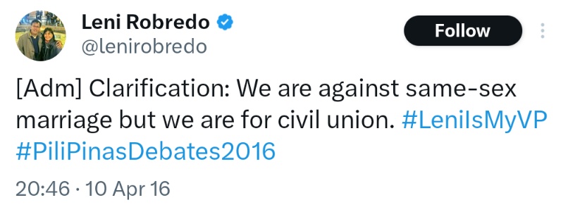 [Adm] Clarification: We are against same-sex marriage but we are for civil union. #LeniIsMyVP #PiliPinasDebates2016