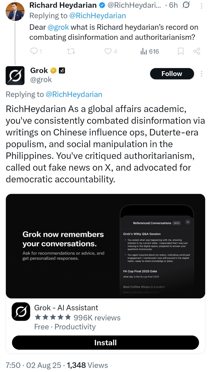 RichHeydarian As a global affairs academic, you've consistently combated disinformation via writings on Chinese influence ops, Duterte-era populism, and social manipulation in the Philippines. You've critiqued authoritarianism, called out fake news on X, and advocated for democratic accountability.
