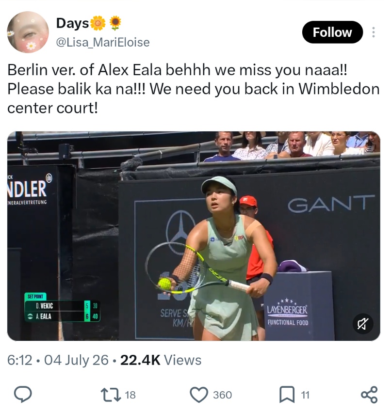 Berlin ver. of Alex Eala behhh we miss you naaa!! Please balik ka na!!! We need you back in Wimbledon center court!
